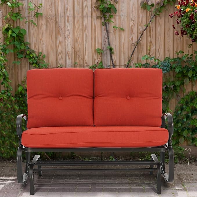 Outdoor Swing Glider Rocking Bench, Garden Loveseat Chair, Patio Steel Frame Chair Wrought Iron Look with Thick Cushion(Red)