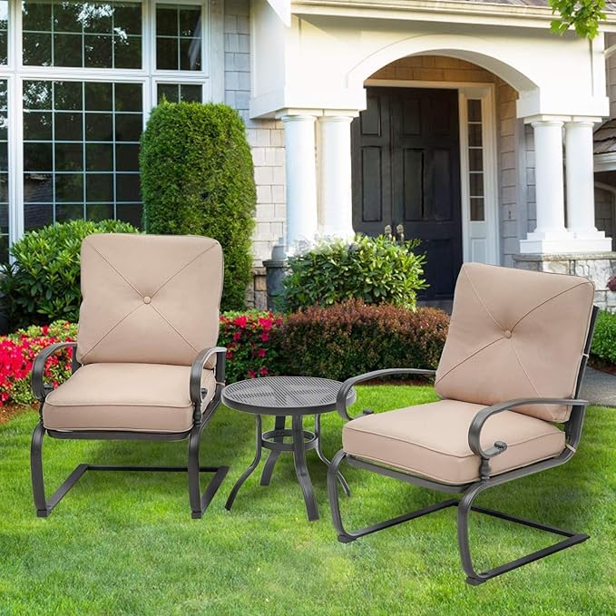 Outdoor 3 Pcs Patio Bistro Spring Set Motion Metal Lounge Chairs and Round Table, Frame Conversation Set with Washable Cushions, Brown