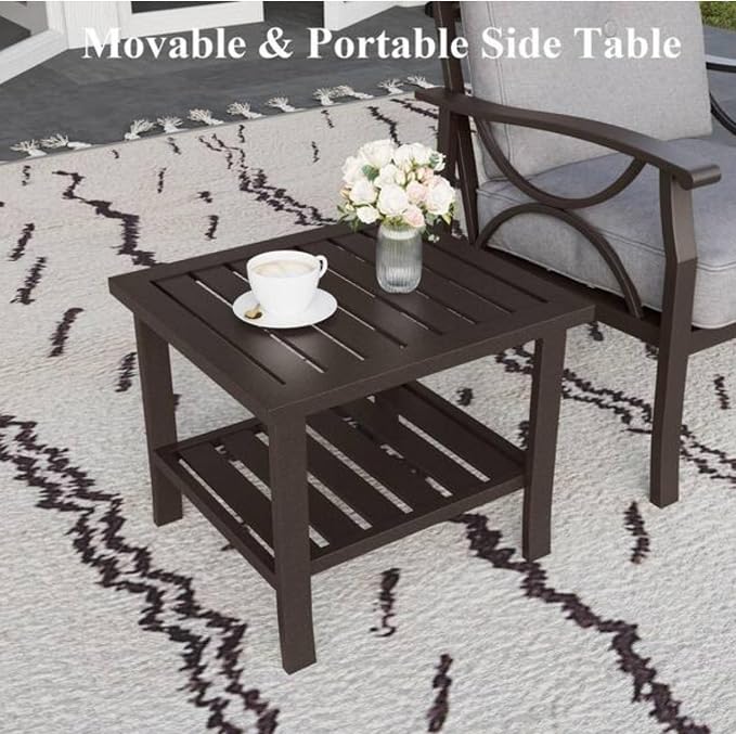 Penau 19 Inchs Square Metal Outdoor Side Table, 2 Tier Powder Coated Steel End Table, Slatted Top for Quick Drainage, Compact Patio Accent Table 19 x 19 x 18 Inchs, Brown