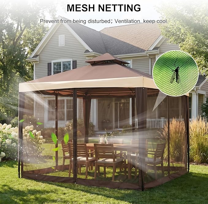 10x10 Gazebo with Netting, Canopy Tent Sun Shade Shelter for Outdoor Patio Backyard (Brown)