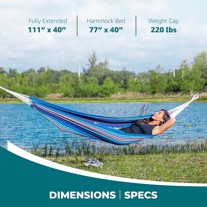 Bliss Hammocks 40" W Single Outdoor Hammock with Hand-Woven Rope Loops & Tree Straps, Patio, Durable, Cotton/Polyester, 220 Lbs Capacity, Patriot Stripe