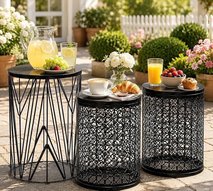 Y&M Set of 3 Stacking Coffee Table for Living Room, Nesting Side Table,Indoor End Tables for Bedroom, Outdoor Decorative Garden Stool with Heavy Duty Metal Frame Modern Industrial Decor - Black