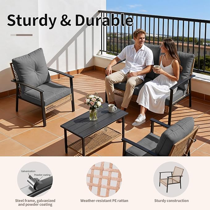 Deersky 4 Piece Outerdoor Patio Furniture Set, All-Weather Modern PE Wicker Rattan Conversation Set with 4" Cushions for Comfortable, Easy to Assemble, Dark Grey