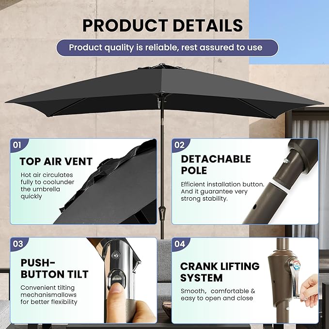 Ayge 6.5x10FT Rectangular Patio Umbrella Outdoor Table Umbrella w/Push Button Tilt & Crank Rectangle Market Umbrella UV Protection for Garden,Deck,Lawn,Yard & Pool,Black