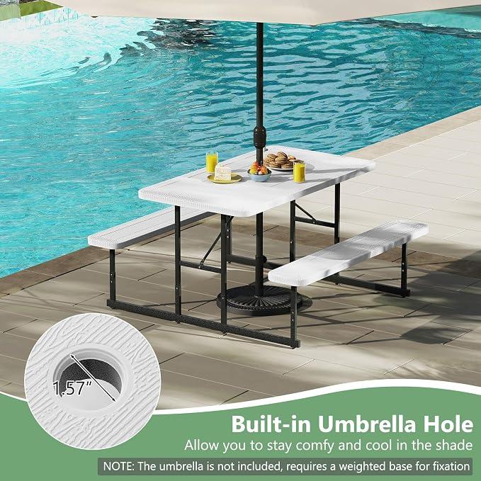 Picnic Table Set for 2-4 People, Umbrella Hole, Heavy-Duty Metal Frame & 2 Benches, HDPE Rectangular Outdoor Dinning Table & Benches for Outside, Patio, Garden, Backyard, Porch (White)