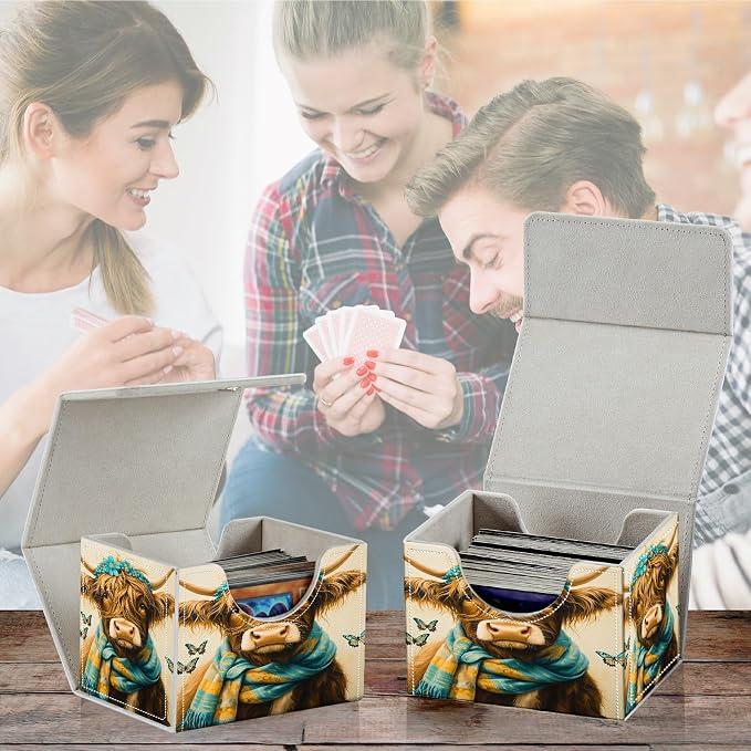 Card Deck Box for MTG, Cards Storage Box Fits 120+ Sleeved, Leather Small Size Strong Magnetic Closing Card Case for Board Games Magic TCG CCG Baseball Collection, Blue Towel Cow