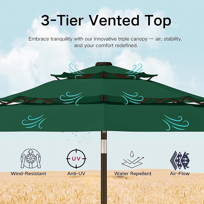 Kingdura 10ft 3-Tier Patio Umbrella with Solar Lights, Table Umbrella Outdoor Patio with Easy Crank & Tilt, 8 Sturdy Ribs, UV Protection, 32 LED Lights for Deck, Poolside, Market (Dark green)