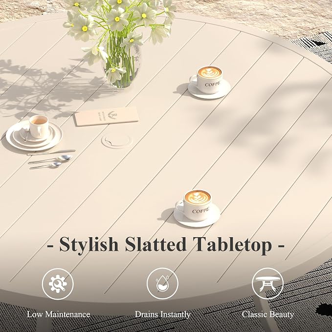 Outdoor Dining Set for 6, 50" Metal Round Outdoor Dining Table with Umbrella Hole and Sling Patio Swivel Chairs, 7 Pieces Patio Table and Chairs Set for Garden Backyard, Sandshell