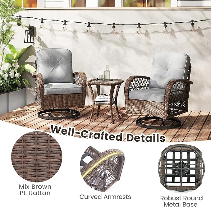 ORALNER 3 Pieces Wicker 360° Swivel Rocker Set Patio Furniture, Rocking Chairs with Cushions, Tempered Glass Coffee Table, Outdoor Rattan Bistro Set for Balcony Front Porch Deck Poolside (Gray)