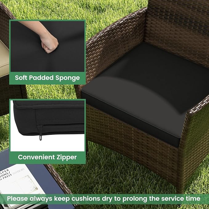 ORALNER 4 Pieces Patio Furniture Set, Rattan Chairs Loveseat with Soft Cushion and Glass Table, Outdoor Wicker Conversation Set for Balcony Garden Backyard Porch Poolside (Black)