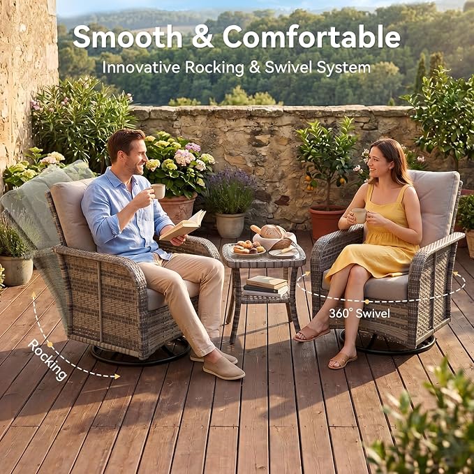 Aoxun 9-Piece Patio Furniture Set with 44” Fire Pit Table, Wicker Outdoor Sectional Sofa with High Back Swivel Rocker Chairs, Outdoor Patio Furniture Set with Thick Cushions & Ottoman, Grey