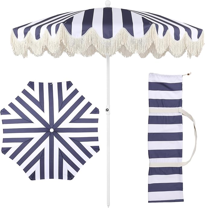 JONATHAN Y Mariner 6.5 ft. Beach Umbrella, Navy/White Striped with Fringe, Push-Button Tilt, UPF 50+ Sun Protection and Carrying Bag for Patio and Pool, White Pole UMB1003N