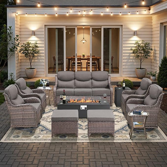 HUMMUH 11-Piece Patio Set with Swivel Rockers, Sofa and Fire Pit Table | 6 in Olefin cushions, PE wicker, steel frames, 50,000 BTU gas fire pit table, for porch, deck, and backyard