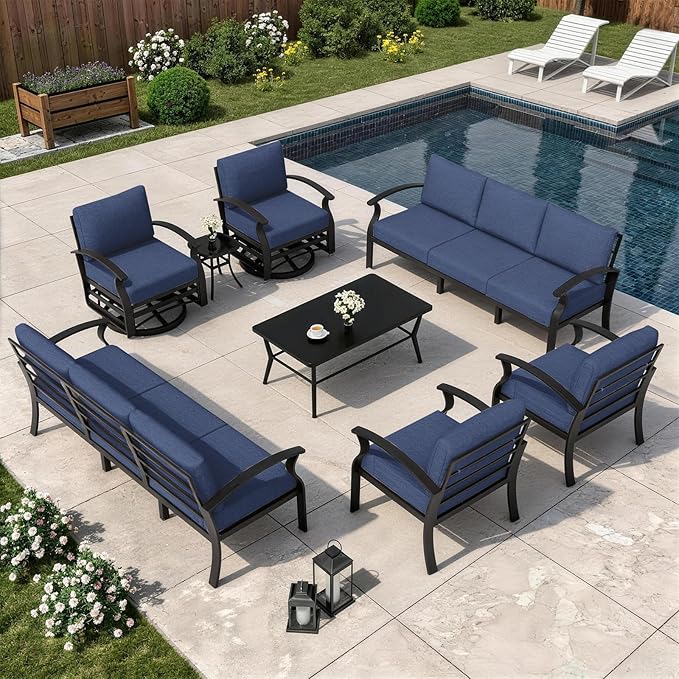 Kurapika Aluminum Patio Furniture Set 10-Seat Modern Metal Outdoor Conversation Sets w/Swivel Rocking Chairs Patio Sectional Sofa w/5.1 Inch Cushion with Rectangular Coffee Table, Navy Blue