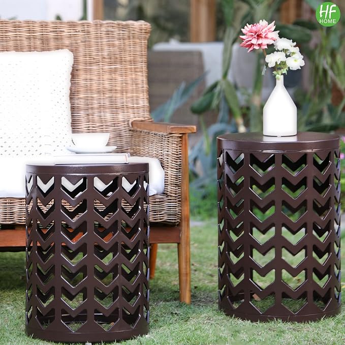 HFHOME Round Nesting Coffee Tables, Set of 3 End Tables for Living Room Balcony Office, Heavy Duty Metal Stacking Side Tables for Home Indoor - Brown