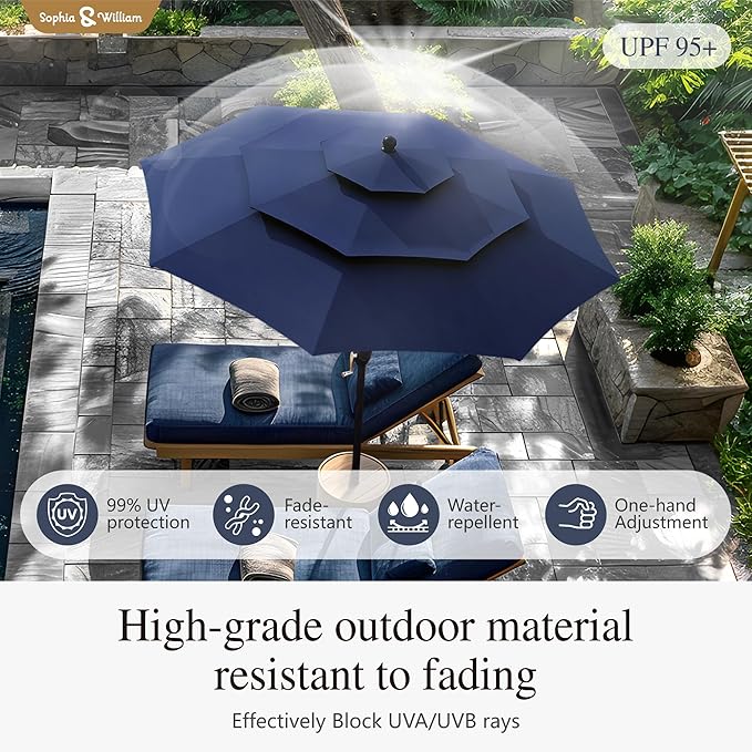 Sophia & William 10ft 3 Tier Auto-tilt Patio Umbrella,Wind Resistent,Outdoor Patio Umbrellas Double Vented Umbrella with Crank for Pool Garden Backyard, Navy