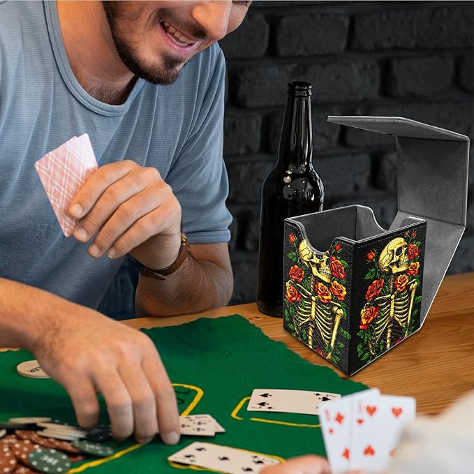 Deck Box for MTG, Cards Storage Box Fits 120+ Sleeved, Leather Medium Size Strong Magnetic Closing Card Case for Board Games Magic TCG CCG Baseball Collection, Skull Red Rose