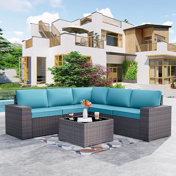 Patio Furniture Set Sofa 6-Pieces Wicker Sectional Sofa Set, Outdoor Furniture Rattan Patio Conversation Set with Thickened Cushion and Glass Coffee Table, Blue
