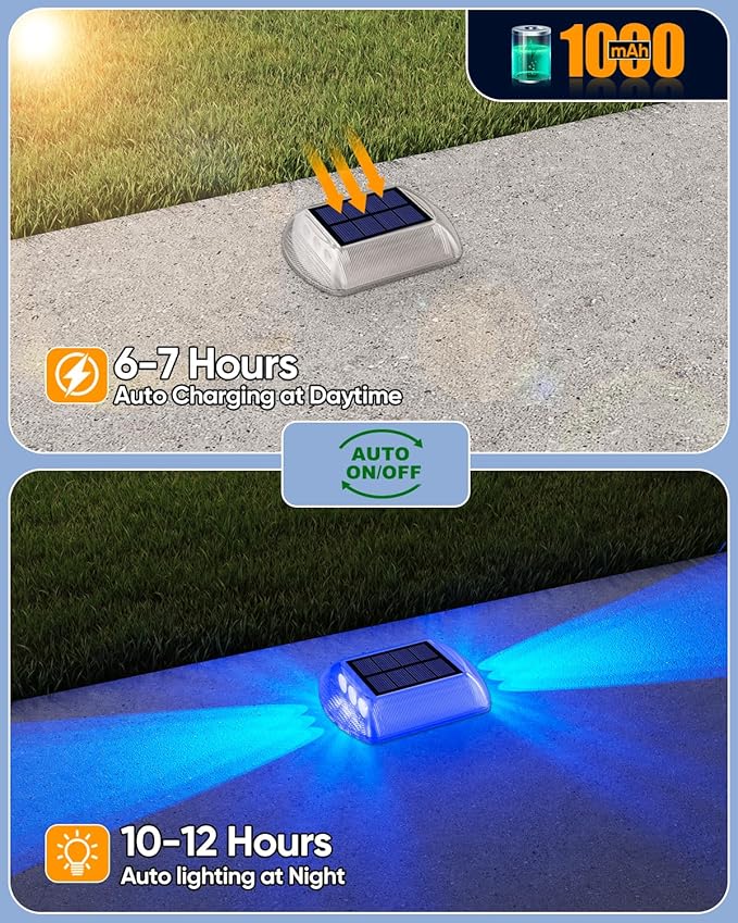 DetarZinLED Solar Driveway Lights Outdoor, 8 Pack IP68 Waterproof Dock Deck Lights Solar Powered, Stick on & Screw Blue Markers Light for Pathway, Walkway, Sidewalk, Patio, Pool Deck, Garage Entrance