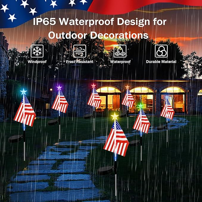 US Flag Solar Garden Lights, 7 Color Changing American Flag Light 4th of July Decorations Lights Patriotic Solar Lights Outdoor for Independence Day Memory Day Garden Yard - 4 Pack