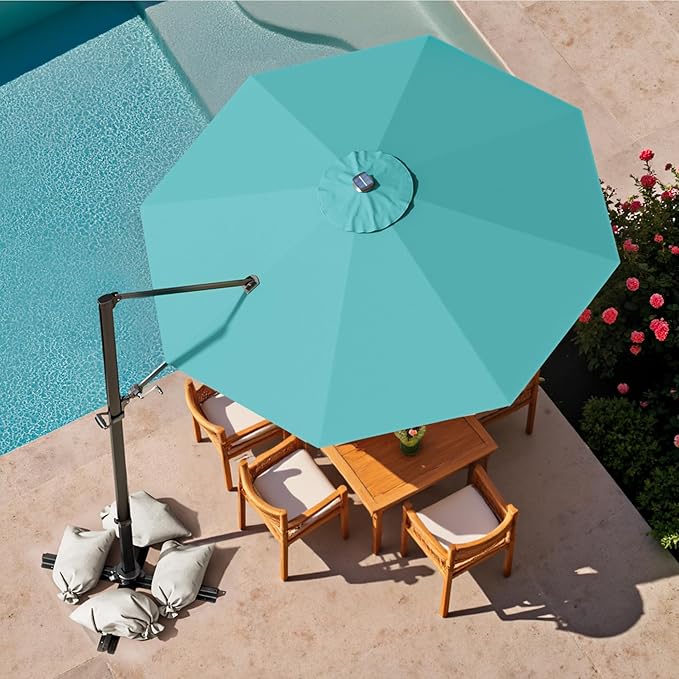 Devoko 10ft Solar LED Patio Umbrella, Round Cantilever Outdoor Umbrella with Solar Lights and 360-Degree Rotation, Large Hanging Offset Market Umbrella with Easy Tilt for Patio Deck Garden,Turquoise