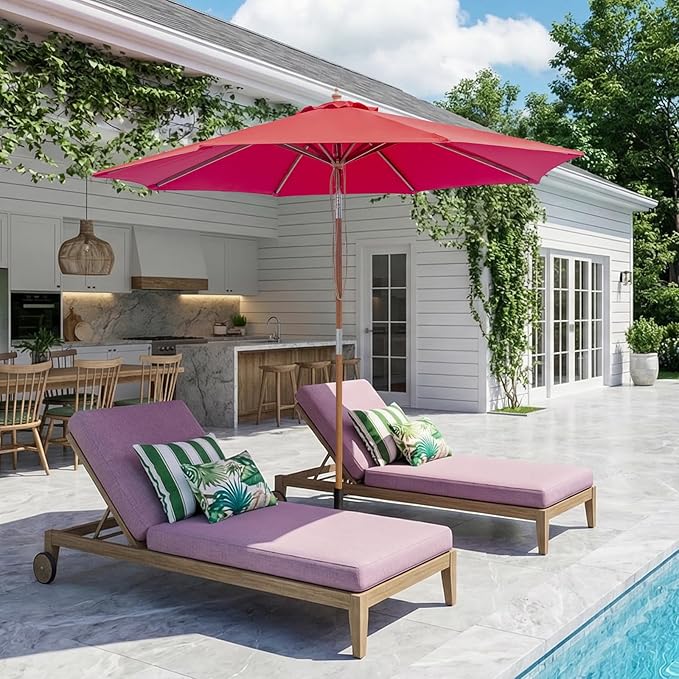 9FT/10FT Bamboo Patio Umbrella, Large Outdoor Umbrella with UPF 50+ Sun Protection, Rope Pulley Lift & Push-Button Tilt, 8-Rib Ventilated Canopy for Garden, Deck, Backyard & Outdoor Dining