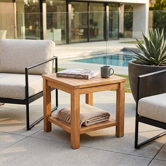 Hives & Honey Pavilion Outdoor Teak Side Table, Square 2-Tier Patio Table, Solid Grade-A Teak Wood for Deck, Porch, Balcony – Natural