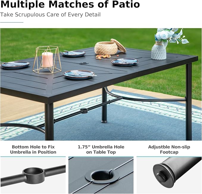 MFSTUDIO Patio Table and Chairs Set, Outdoor Dining Set for 6 with Umbrella Hole, 7 Piece Metal Outdoor Patio Furniture Set for Deck, Backyard, Poolside & Garden