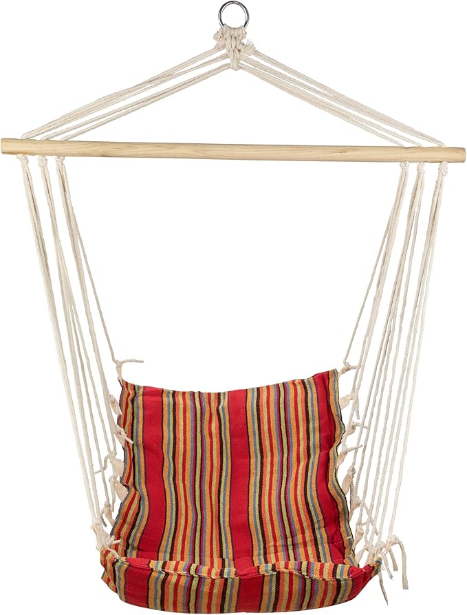 Striped Hammock Chair with Padding and Wooden Bar -34" x 21" - Red and Yellow