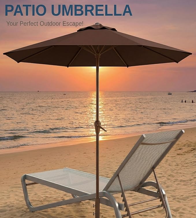 10FT Patio Umbrella, Outdoor Umbrella with Push Button Tilt and Crank, 8 Sturdy Ribs, UV Protection & Waterproof Market Umbrella for Pool, Backyard, Beach,Deck (Brown)
