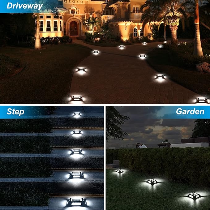 Solar Deck Lights Driveway Dock Lights- 8 Packs Waterproof 1200mAh Solar Powered Outdoor LED Aluminum Dock Lighting Road Markers Step Light for Driveway Sidewalk Garden Pathway Yard (White)
