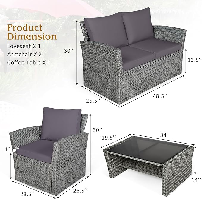 Tangkula 4 Pieces Patio Furniture Set, All Weather Outdoor Sectional Rattan Sofa Set with Cushions & Tempered Glass Table, Wicker Conversation Couch Set for Backyard Garden Poolside