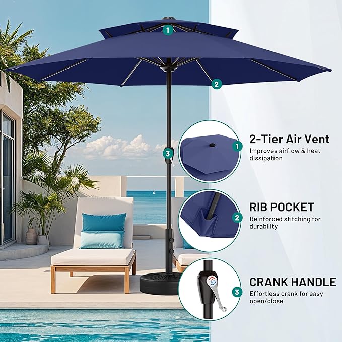 AreShark 12ft 2 Tiers Patio Umbrella - Outdoor Umbrella Waterproof UV Protection, Market Table Umbrella w/ 8 Sturdy Ribs&Crank for Pool, Porch, Garden(Navy)