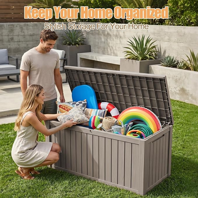 230 Gallon Outdoor Storage Box, Large Resin Deck Box, Waterproof Lockable Storage Container Bins, Reinforced Stability for Patio, Garden and Poolside, Grey