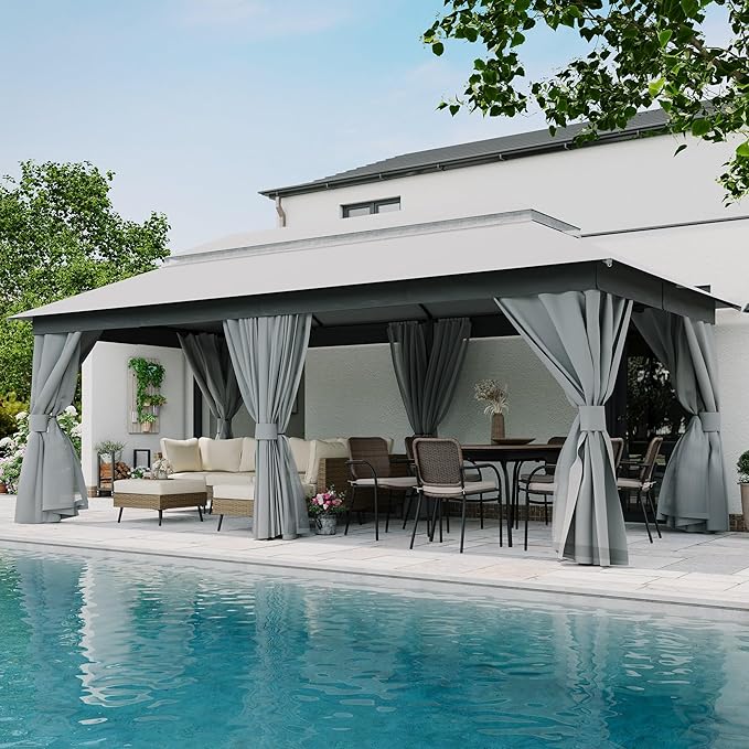 LAUSAINT HOME Patio Gazebo 10'x20', Outdoor Heavy Duty Party Tent Shelter with Double Roofs, Mosquito Nettings and Privacy Screens for Backyard, Garden, Lawn, Gray