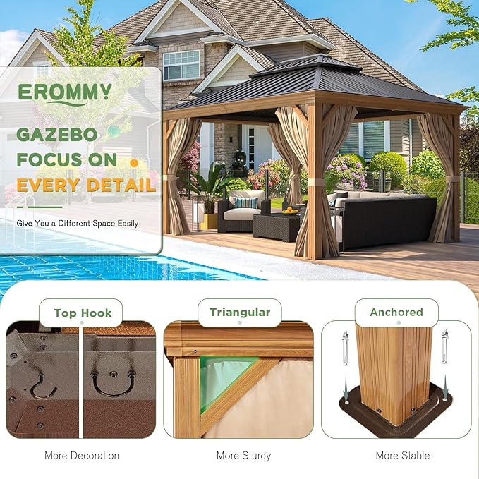 EROMMY 10'x12' Hardtop Gazebo, Wooden Finish Coated Aluminum Frame Canopy with Galvanized Steel Roof, Outdoor Metal Gazebo with Curtains and Nettings for Patio, Backyard, Deck and Lawns