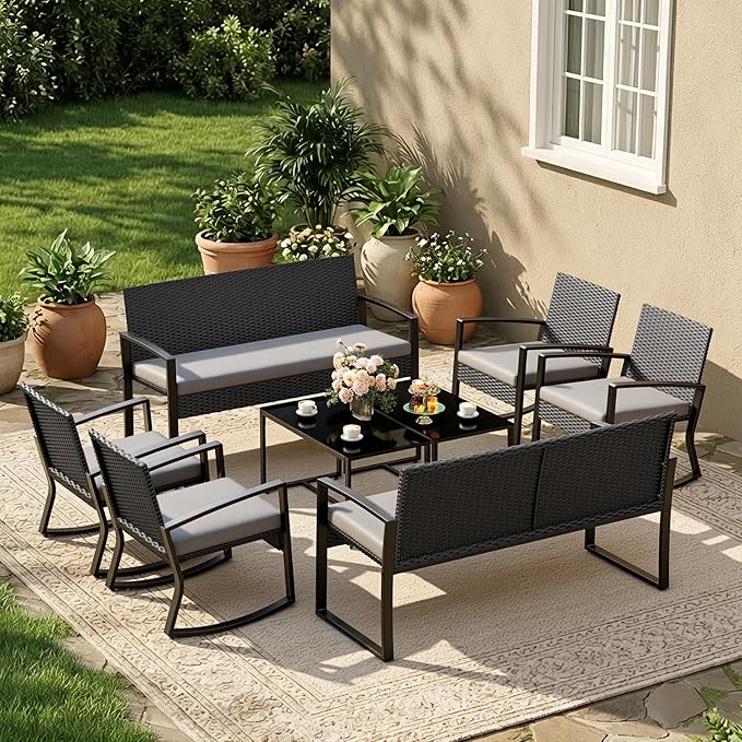 Ahomly 8 Piece Outdoor Patio Furniture Set, Outdoor Wicker Patio Furniture with Glass Coffee Table, Modern Rattan Rocking Chairs Conversation Set, for Porch, Garden, Lawn,Grey Cushion