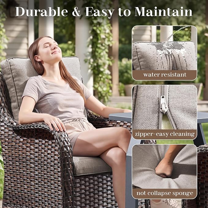 Rilyson Luxury Outdoor Wicker Glider Rocker Chairs for 2 Seats, Patio Wicker Rattan Glider Rocker Chairs with Table, Rocker Chairs Outdoor Furniture Sets for Patio Porch Pool Brown/Beige