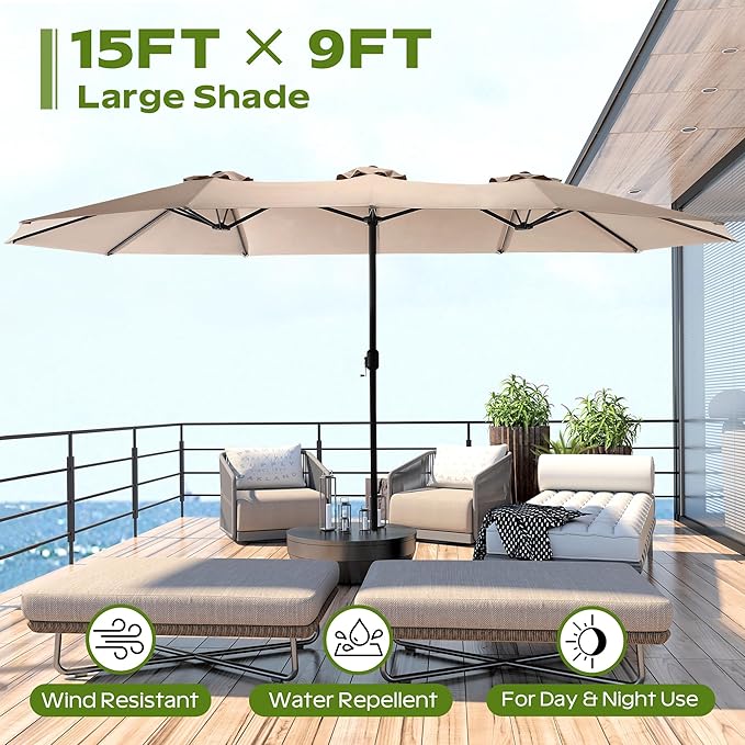 15ft Umbrella Outdoor Patio - Double-Sided Large Market Rectangle Umbrellas with Crank Handle for Patio Garden Yard Pool (No Base)
