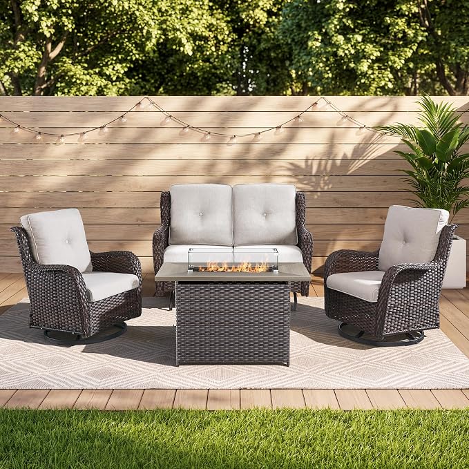 Belord 4 Piece Patio Wicker Furniture Set, Outdoor Swivel Rocker Chairs, All Weather Outdoor Patio Loveseat Set with Fire Pit Table for Deck Porch, Brown Wicker/Beige