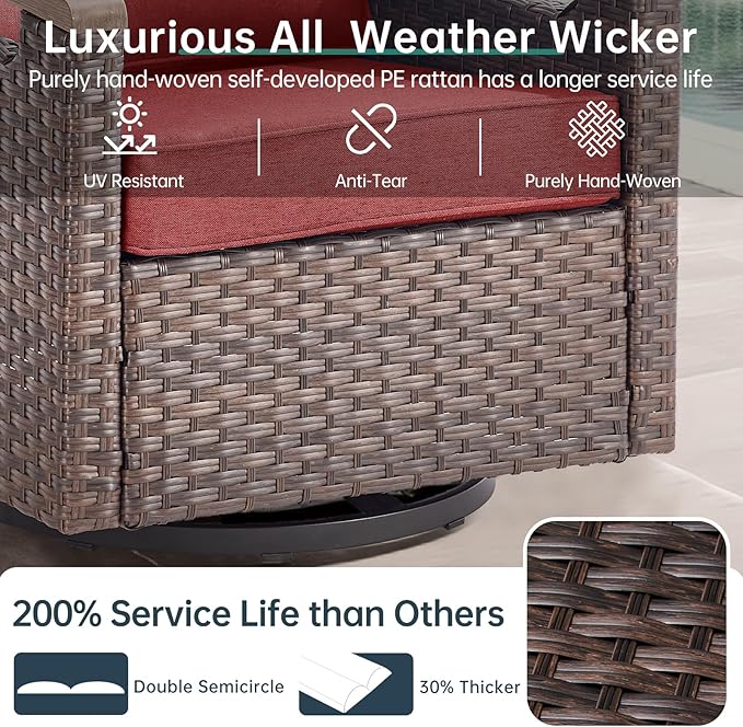 Luxury 4 Piece Heavy Duty Patio Furniture Set with Swivel Chairs - All Weather Wicker Comfort Thick Cushion Outdoor Conversation Set with Sofa & Coffee Table for Porch Poolside Deck - Red