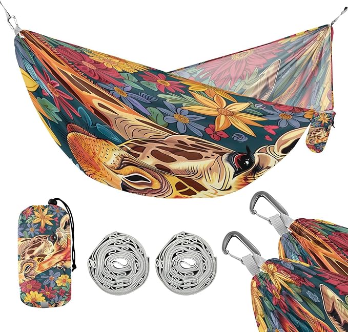 FRMG Giraffe Watercolor Camping Hammock 500 lbs Capacity Portable Hammocks with Tree Straps & Attached Carry Bag, Camping Essentials Gear A0900257a
