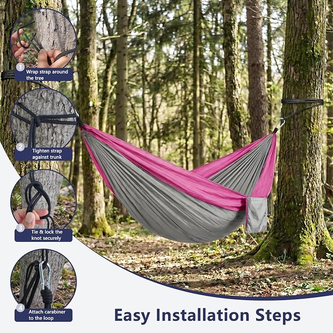 Camping Hammocks, Portable Lightweight Parachute with Tree Straps, Single or Double Hammock Without Stand, Nylon Camping Gear for Outdoor Beach Backpacking Hiking, Camping Essentials(Pink & Gray)