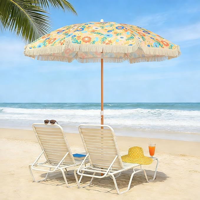 Seazul 5.2ft Patio Umbrella with Fringe, Beach Umbrella, Fringe Umbrella Outdoor Patio, Tilting Steel Pole, UV 50+, Fiberglass Ribs, Floral