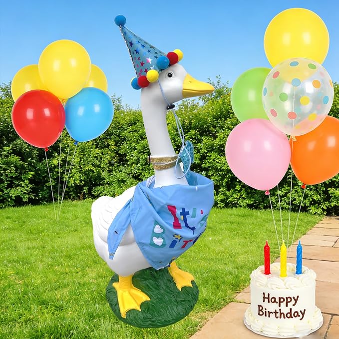 Porch Goose Statues with Outfits - 20" Large Durable Resin Goose Statue Decor with Birthday Outfit Set, Funny Big Duck Sculpture, for Garden Lawn Yard Entryway Accent Decoration