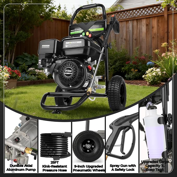 Professional 4200PSI 4GPM 212CC Gas Pressure Washer, 7.0HP Heavy-Duty 3600RPM Commercial Gas Power Washer with 1000ML Foam Bottle 9" Wheels 5 Nozzles 25FT Hose (EPA/CARB/ETL Compliant), Black