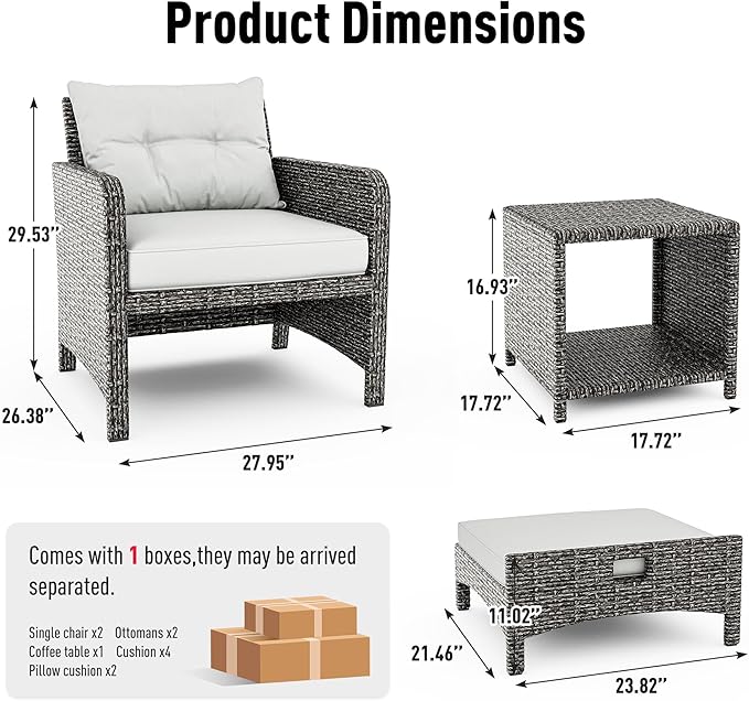 Pamapic 5 Pieces Wicker Patio Furniture Set Outdoor Patio Chairs with Ottomans Conversation Furniture with coffetable for Poolside Garden Balcony(Grey Cushion +Grey Rattan)