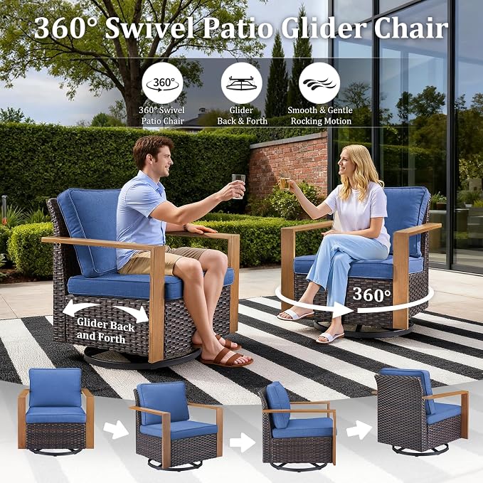 5PCS Swivel Patio Furniture Set, Outdoor Wicker Sofa and Swivel Rocker Chairs, All-Weather Conversation Set for Backyard, Deck and Poolside Blue