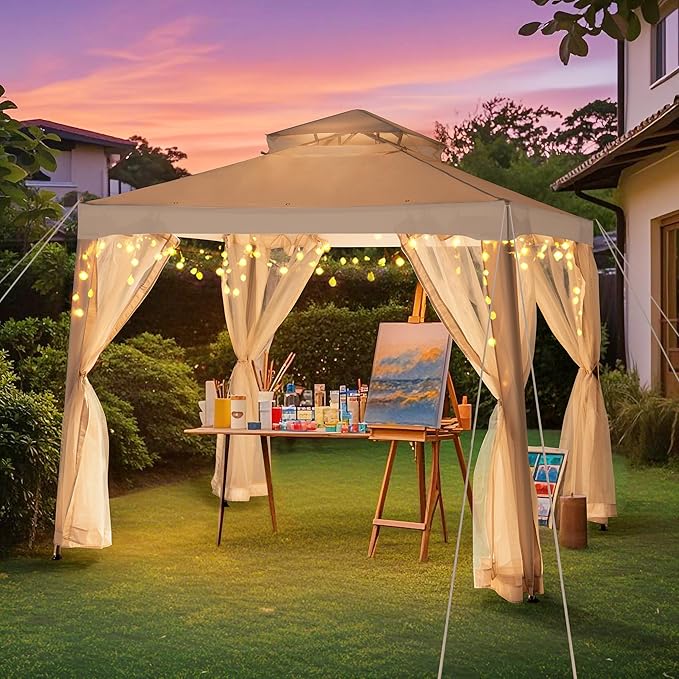Sunjoy 8 x 8 ft. Soft Top Gazebo, Outdoor Patio Backyard Modern 2-Tier Steel Frame Gazebo with Mesh Netting - Beige & White
