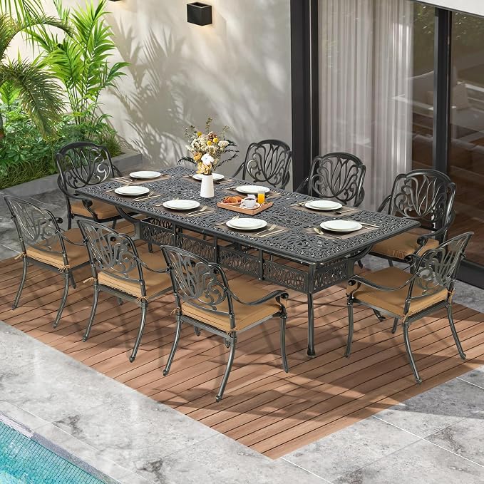 MEETWARM 9-Piece Outdoor Patio Dining Set for 8, All Weather Cast Aluminum Patio Funiture Table and Chairs Set- 94.5” Rectangular Table with 2" Umbrella Hole and 8 Cushioned Chairs for Garden, Khaki